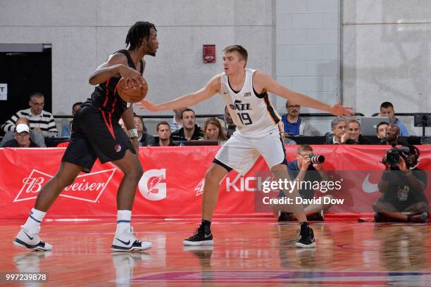 Peyton Aldridge of the Utah Jazz plays defense against the Portland Trail Blazers during the 2018 Las Vegas Summer League on July 7, 2018 at the Cox...