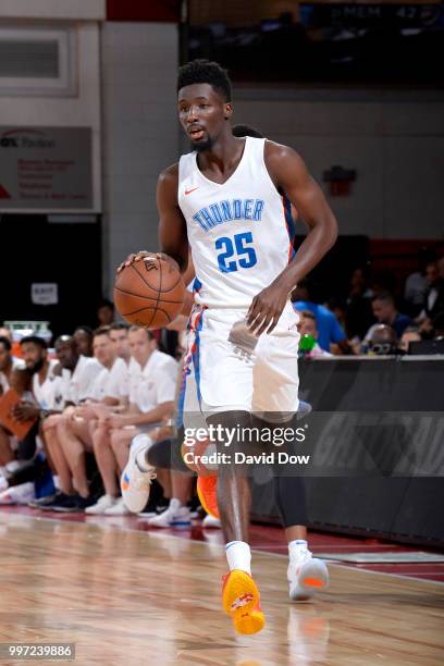 Daniel Hamilton of the Oklahoma City Thunder handles the ball against the Memphis Grizzlies during the 2018 Las Vegas Summer League on July 12, 2018...