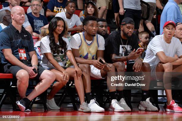 Donovan Mitchell of the Utah Jazz and Royce O'Neale of the Utah Jazz look on during the game against the Portland Trail Blazers during the 2018 Las...