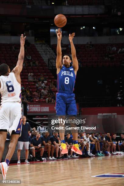 Zhaire Smith of the Philadelphia 76ers shoots the ball against the Phoenix Suns during the 2018 Las Vegas Summer League on July 12, 2018 at the...