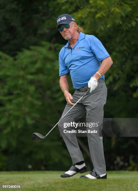 Miguel Angel Jiménez watches his tee shot the fourth hole during the first round of the PGA TOUR Champions Constellation SENIOR PLAYERS Championship...