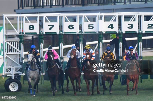 Tommy Berry riding Chautauqua jumps out of the barriers during a barrier trial at Flemington Racecourse on July 13, 2018 in Melbourne, Australia.