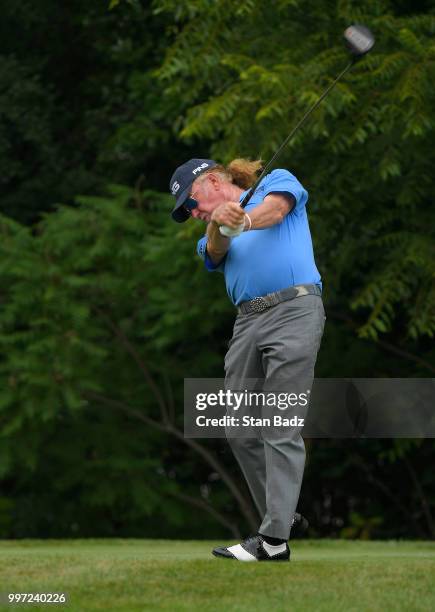 Miguel Angel Jiménez hits a tee shot the fourth hole during the first round of the PGA TOUR Champions Constellation SENIOR PLAYERS Championship at...