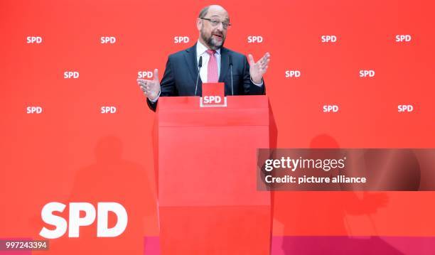 The chairman of the German Social Democratic Party , Martin Schulz speaks during a press conference at the SPD headquarter Willy-Brandt-Haus in...