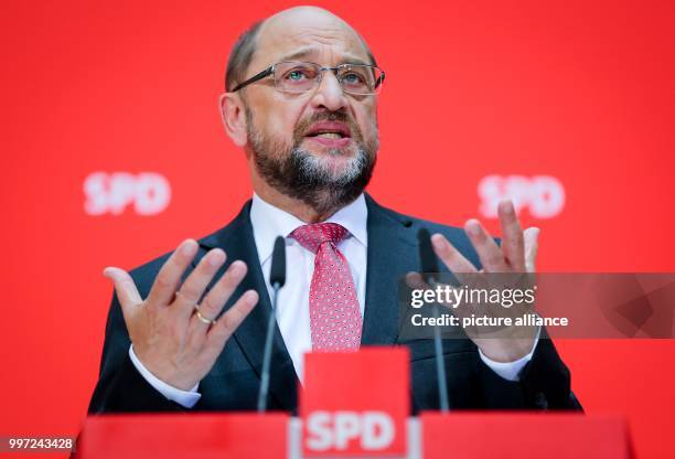 The chairman of the German Social Democratic Party , Martin Schulz speaks during a press conference at the SPD headquarter Willy-Brandt-Haus in...