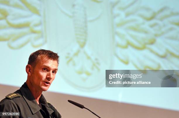 The commander of the GSG 9, Jerome Fuchs, speaks on stage during the ceremony of the elite Police Tactical Unit GSG 9 of the German Federal Police on...