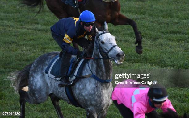 Tommy Berry riding Chautauqua settles at the rear after jumping out of the barriers during a barrier trial at Flemington Racecourse on July 13, 2018...