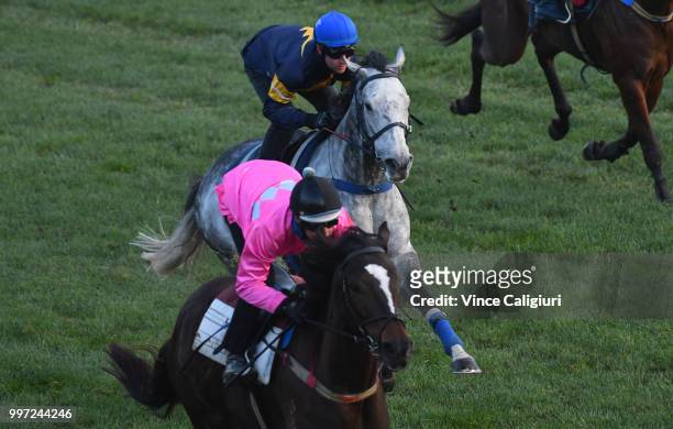 Tommy Berry riding Chautauqua settles at the rear after jumping out of the barriers during a barrier trial at Flemington Racecourse on July 13, 2018...