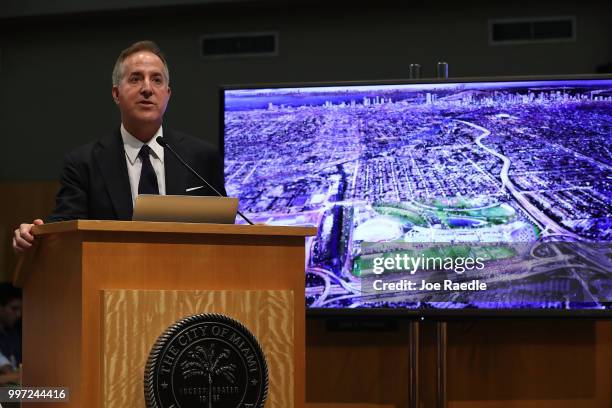 Jorge Mas speaks during a meeting at the City of Miami City Hall about building a Major League soccer stadium on a public golf course on July 12,...