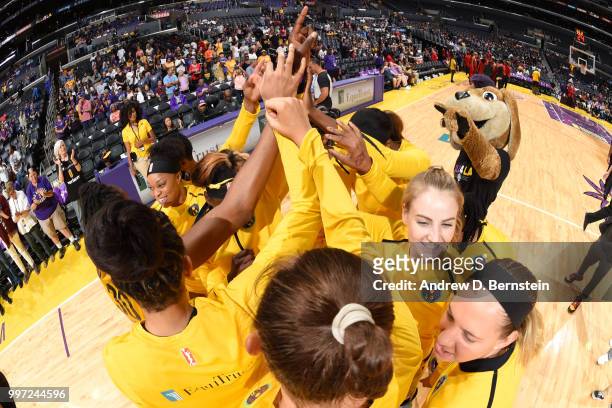Los Angeles Sparks huddle during the game against the Washington Mystics on July 7, 2018 at STAPLES Center in Los Angeles, California. NOTE TO USER:...