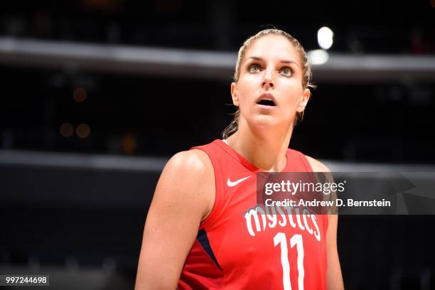 Elena Delle Donne of the Washington Mystics looks on during the game against the Los Angeles Sparks on July 7, 2018 at STAPLES Center in Los Angeles,...