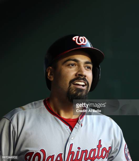 Anthony Rendon of the Washington Nationals celebrates his two run home run against the New York Mets in the first inning during their game at Citi...