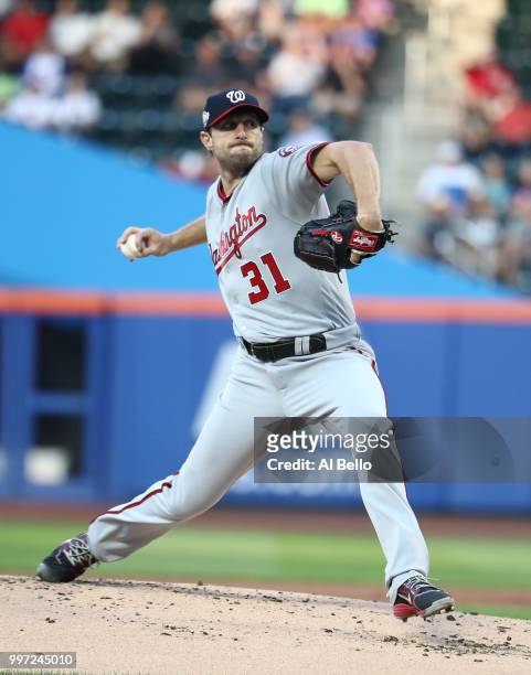 Max Scherzer of the Washington Nationals pitches against the New York Mets during their game at Citi Field on July 12, 2018 in New York City.