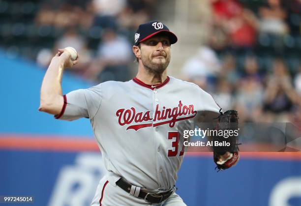 Max Scherzer of the Washington Nationals pitches against the New York Mets during their game at Citi Field on July 12, 2018 in New York City.