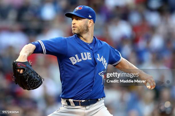 Happ of the Toronto Blue Jays pitches against the Boston Red Sox during the second inning at Fenway Park on July 12, 2018 in Boston, Massachusetts.