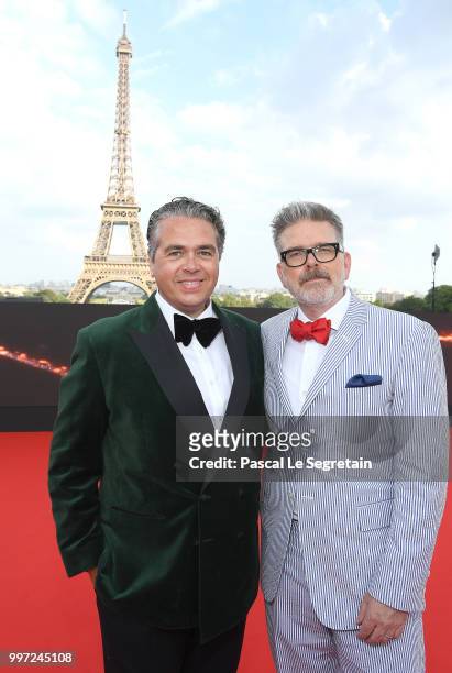 Composer Lorne Balfe and Director Christopher McQuarrie attend the Global Premiere of 'Mission: Impossible - Fallout' at Palais de Chaillot on July...