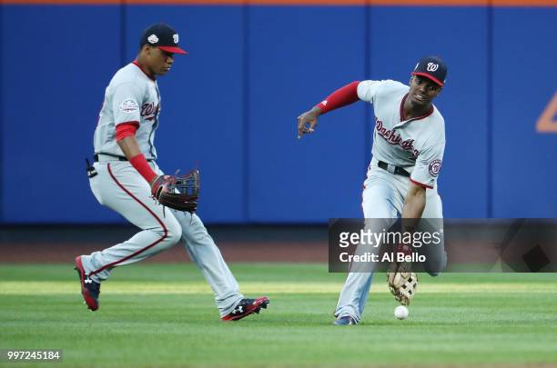 Michael Taylor of the Washington Nationals cannot get to a ball hit by Asdrubal Cabrera of the New York Mets in the first inning during their game at...