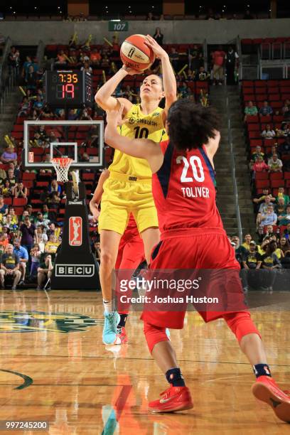 Sue Bird of the Seattle Storm shoots the ball against the Washington Mystics on July 8, 2018 at Key Arena in Seattle, Washington. NOTE TO USER: User...