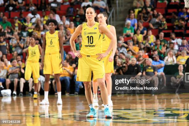 Sue Bird of the Seattle Storm looks on during the game against the Washington Mystics on July 8, 2018 at Key Arena in Seattle, Washington. NOTE TO...