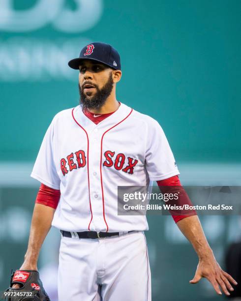 David Price of the Boston Red Sox reacts after allowing a home run during the first inning of a game against the Toronto Blue Jays on July 12, 2018...