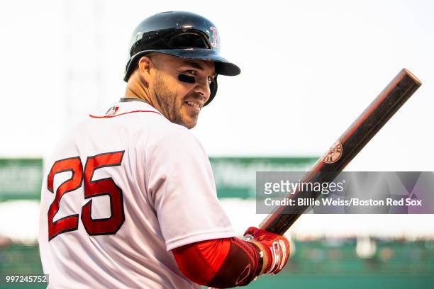 Steve Pearce of the Boston Red Sox reacts during the first inning of a game against the Toronto Blue Jays on July 12, 2018 at Fenway Park in Boston,...