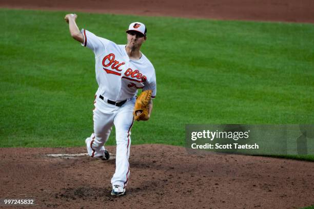 Kevin Gausman of the Baltimore Orioles pitches against the Philadelphia Phillies during the fourth inning at Oriole Park at Camden Yards on July 12,...