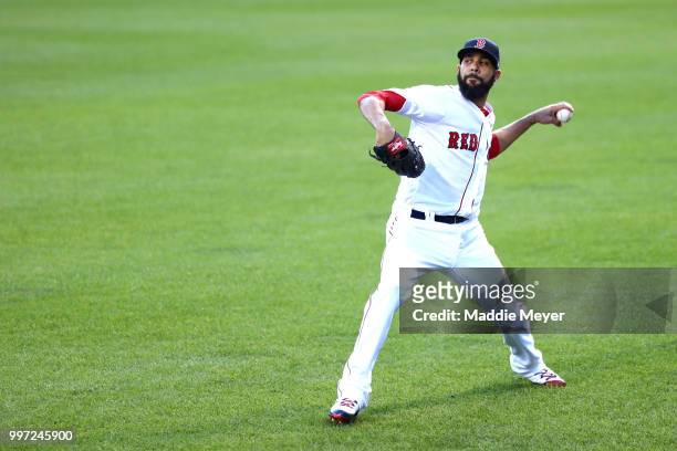 David Price of the Boston Red Sox warms up before the game against the Toronto Blue Jays at Fenway Park on July 12, 2018 in Boston, Massachusetts.