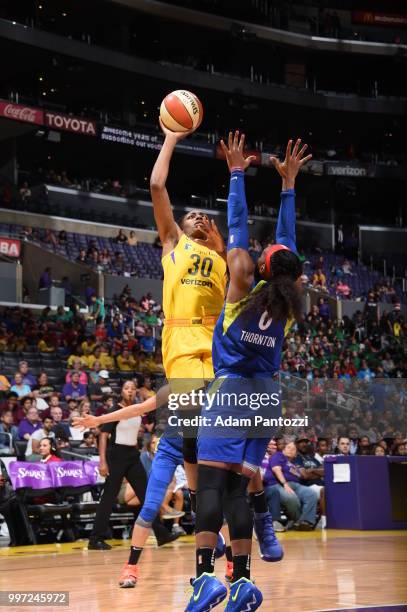 Nneka Ogwumike of the Los Angeles Sparks shoots the ball against the Dallas Wings on July 12, 2018 at STAPLES Center in Los Angeles, California. NOTE...