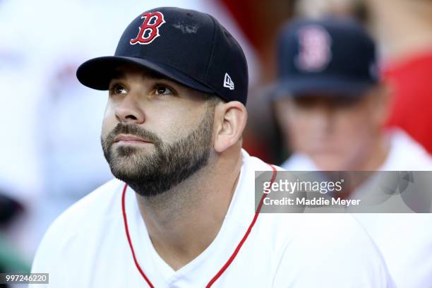Mitch Moreland of the Boston Red Sox looks on from the dugout before the game against the Toronto Blue Jays at Fenway Park on July 12, 2018 in...