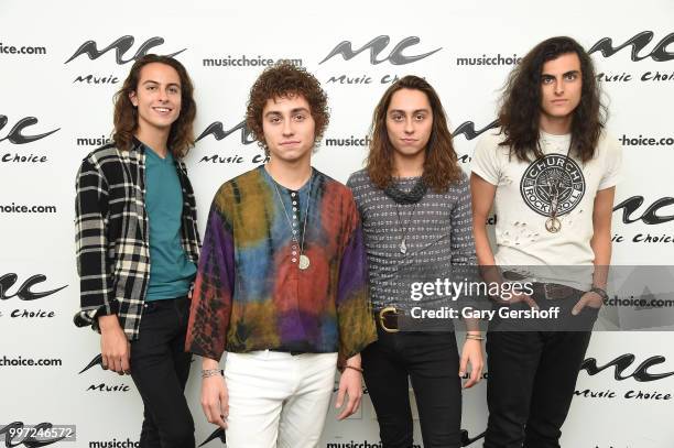 Musicians Sam Kiszka, Josh Kiszka, Jake Kiszka and Danny Wagner of the rock band Greta Van Fleet visit Music Choice on July 12, 2018 in New York City.