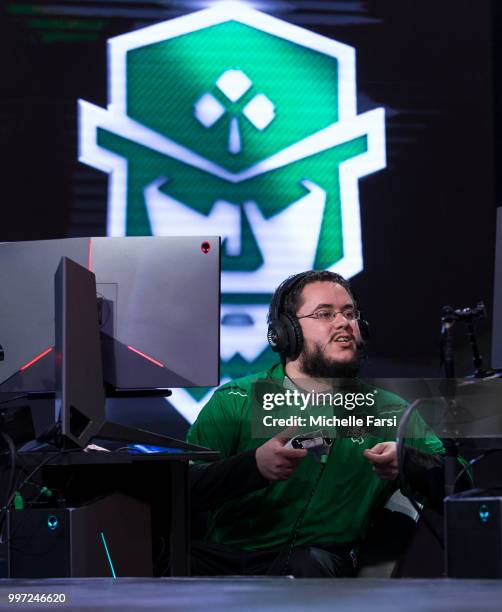 OFAB of Celtics Crossover Gaming reacts during game against Grizz Gaming during Day 1 of The Ticket Tournament for the NBA 2K League on July 12, 2018...