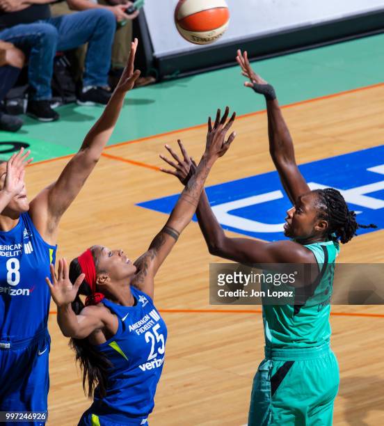 Tina Charles of the New York Liberty shoots the ball against the Dallas Wings on July 8, 2018 at Westchester County Center in White Plains, New York....