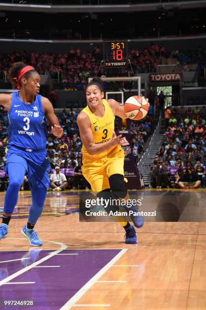 Candace Parker of the Los Angeles Sparks handles the ball against the Dallas Wings on July 12, 2018 at STAPLES Center in Los Angeles, California....