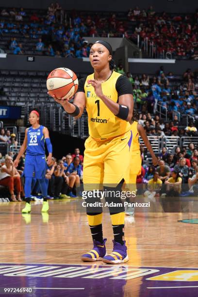 Odyssey Sims of the Los Angeles Sparks shoots a foul against the Dallas Wings on July 12, 2018 at STAPLES Center in Los Angeles, California. NOTE TO...