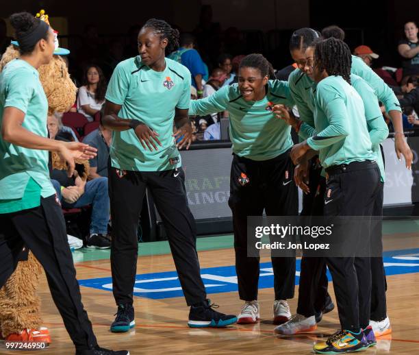 Shavonte Zellous of the New York Liberty reacts in a huddle during the game against the Dallas Wings on July 8, 2018 at Westchester County Center in...