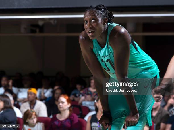 Tina Charles of the New York Liberty looks on during the game against the Dallas Wings on July 8, 2018 at Westchester County Center in White Plains,...