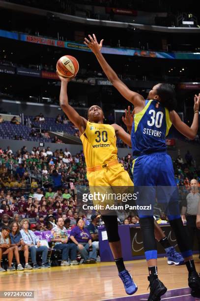 Nneka Ogwumike of the Los Angeles Sparks shoots the ball against the Dallas Wings on July 12, 2018 at STAPLES Center in Los Angeles, California. NOTE...