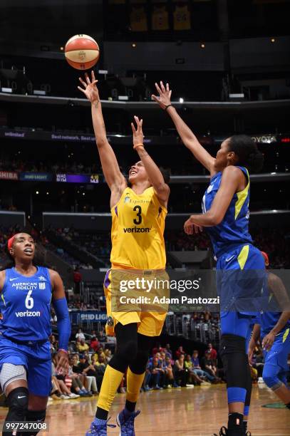 Candace Parker of the Los Angeles Sparks shoots the ball against the Dallas Wings on July 12, 2018 at STAPLES Center in Los Angeles, California. NOTE...