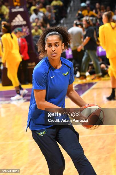 Skylar Diggins-Smith of the Dallas Wings handles the ball before the game against the Los Angeles Sparks on July 12, 2018 at STAPLES Center in Los...