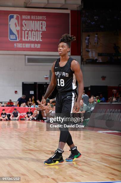 Lonnie Walker IV of the San Antonio Spurs looks on against the Milwaukee Bucks during the 2018 Las Vegas Summer League on July 12, 2018 at the Cox...