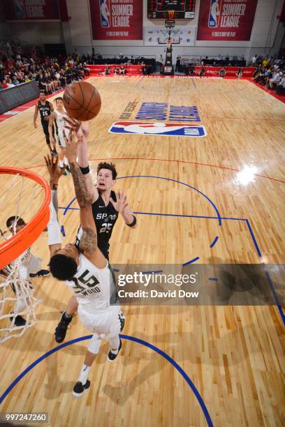 Drew Eubanks of the San Antonio Spurs shoots the ball against the Milwaukee Bucks during the 2018 Las Vegas Summer League on July 12, 2018 at the Cox...