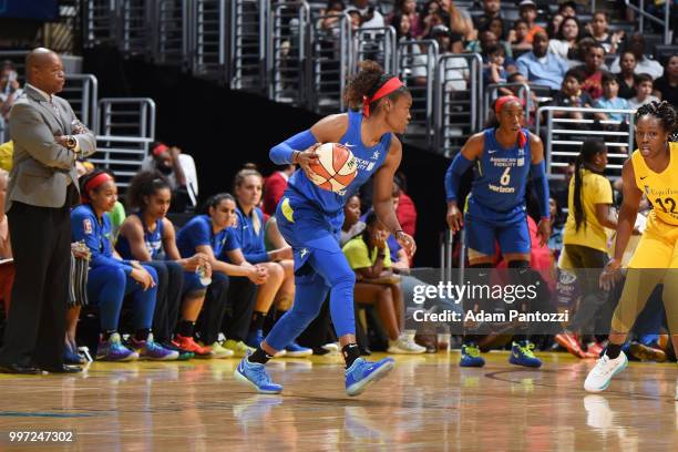 Kaela Davis of the Dallas Wings handles the ball against the Los Angeles Sparks on July 12, 2018 at STAPLES Center in Los Angeles, California. NOTE...