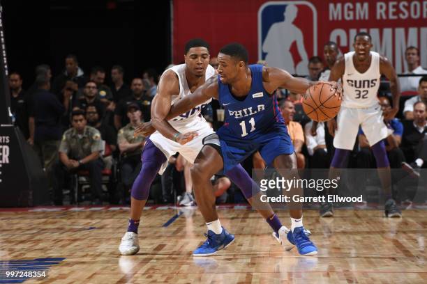 Demetrius Jackson of the Philadelphia 76ers handles the ball against the Phoenix Suns during the 2018 Las Vegas Summer League on July 12, 2018 at the...