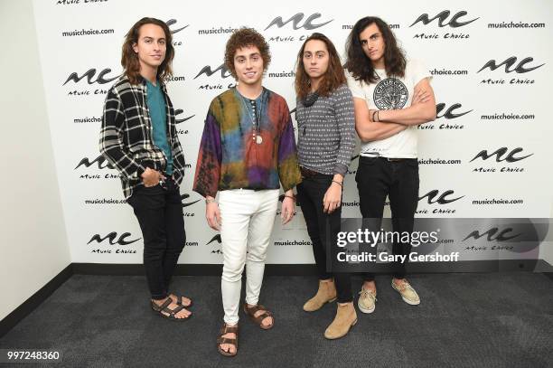 Musicians Sam Kiszka, Josh Kiszka, Jake Kiszka and Danny Wagner of the rock band Greta Van Fleet visit Music Choice on July 12, 2018 in New York City.