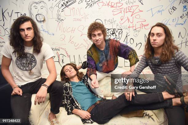 Musicians Danny Wagner, Sam Kiszka, Josh Kiszka and Jake Kiszka of the rock band Greta Van Fleet visit Music Choice on July 12, 2018 in New York City.