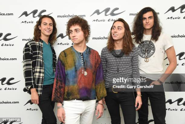Musicians Sam Kiszka, Josh Kiszka, Jake Kiszka and Danny Wagner of the rock band Greta Van Fleet visit Music Choice on July 12, 2018 in New York City.