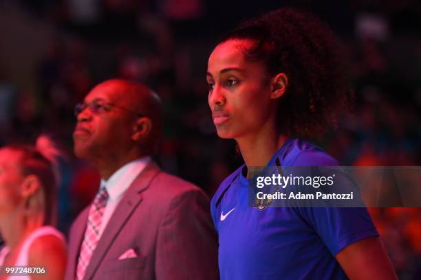 Skylar Diggins-Smith of the Dallas Wings stands during the National Anthem before the game against the Los Angeles Sparks on July 12, 2018 at STAPLES...