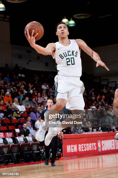 Travis Trice II of the Milwaukee Bucks shoots the ball against the San Antonio Spurs during the 2018 Las Vegas Summer League on July 12, 2018 at the...