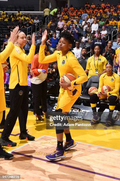 Alana Beard of the Los Angeles Sparks gets introduced before the game against the Dallas Wings on July 12, 2018 at STAPLES Center in Los Angeles,...