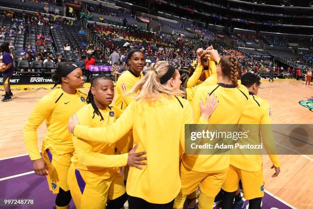 The Los Angeles Sparks huddle before the game against the Dallas Wings on July 12, 2018 at STAPLES Center in Los Angeles, California. NOTE TO USER:...